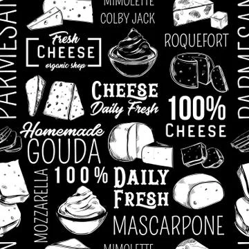 Seamless pattern with cheese sketch or dairy food Stock Illustration