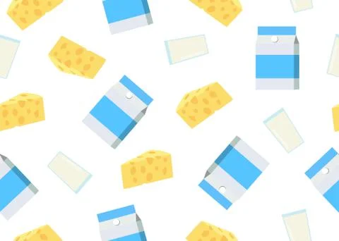Seamless pattern of cheese slice and milk product on  white background - Vect Stock Illustration