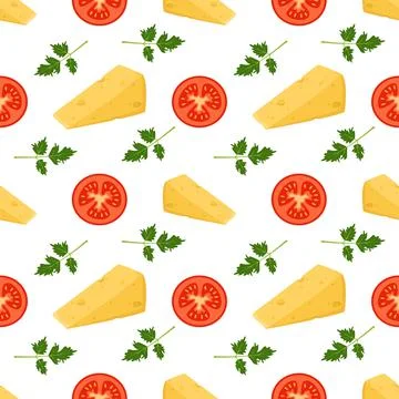 Seamless pattern with cheese, tomatoes and parsley. Cute print for pizza menus Illustrazione stock
