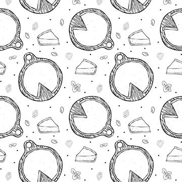 Seamless pattern cheesecake and piece black outline on white background 스톡 일러스트