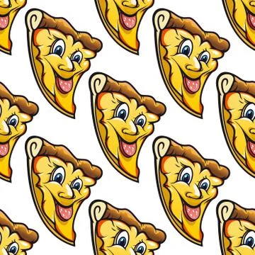 Seamless pattern of cheesy salami cartoon pizza slice Stock Illustration