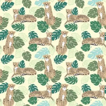 Seamless pattern of cheetah and tropical leaves on yellow background Stock Illustration