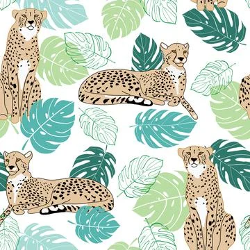 Seamless pattern with cheetah and tropical leaves on white background Stock Illustration