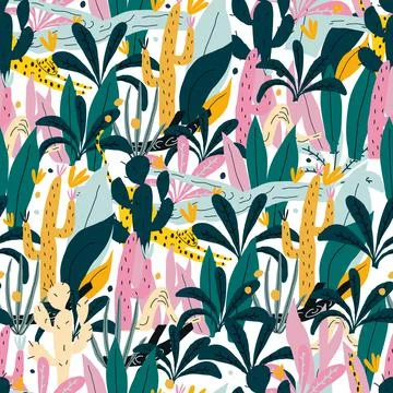 Seamless pattern with cheetah, plant, leaf, snag Vector print Stockillustratie
