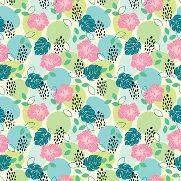 Seamless pattern cheetah print, geometric shapes, leaves and hibiscus illustr Stock Illustration