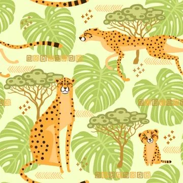 Seamless pattern with cheetahs, leopards in the jungle. Repeated exotic wild Stock Illustration