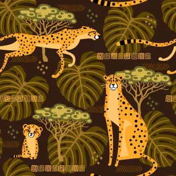 Seamless pattern with cheetahs, leopards in the jungle. Repeated exotic wild Stock Illustration