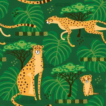 Seamless pattern with cheetahs, leopards in the jungle. Repeated exotic wild Stock Illustration