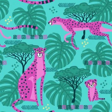 Seamless pattern with cheetahs, leopards in the jungle. Repeated exotic wild Stock Illustration