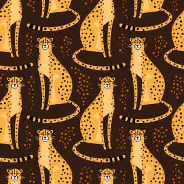 Seamless pattern with cheetahs, leopards. Repeated exotic wild cats on a brown Illustrazione stock