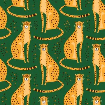 Seamless pattern with cheetahs, leopards. Repeated exotic wild cats on a green Stock Illustration