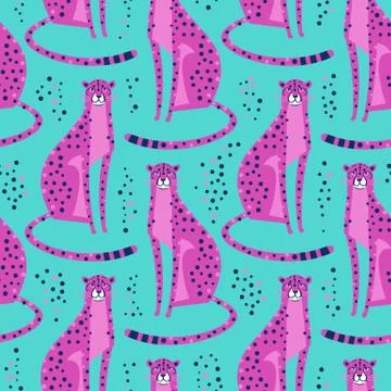 Seamless pattern with cheetahs, leopards. Repeated exotic wild pink cats on a Stock Illustration
