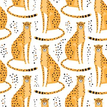 Seamless pattern with cheetahs, leopards. Repeating exotic wild cats on a white Stock Illustration