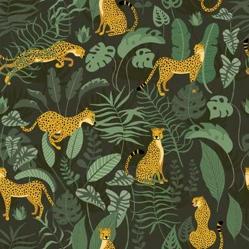 Seamless pattern with Cheetahs in wild jungle surrounded with exotics plants Stock Illustration