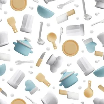 Seamless pattern in chef style. Vector 3D illustration with dishes. 스톡 일러스트