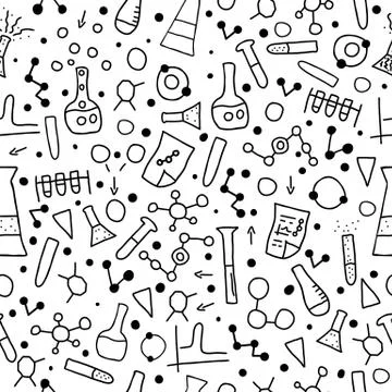 Seamless pattern with chemistry objects in doodle style. Science research sym イラスト素材