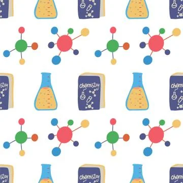 Seamless pattern with chemistry triangle flask, molecule structure and book Stock Illustration
