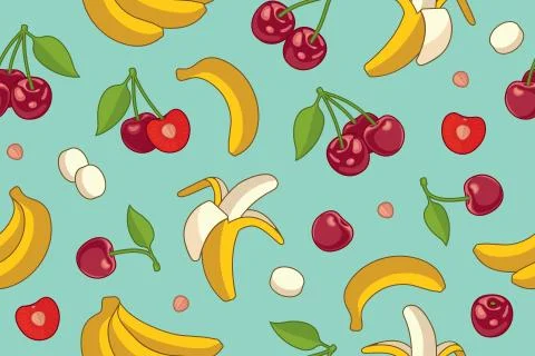 Seamless pattern with cherries and bananas. Stock Illustration