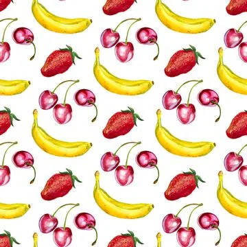 Seamless pattern with cherries, bananas and strawberries Stock Illustration