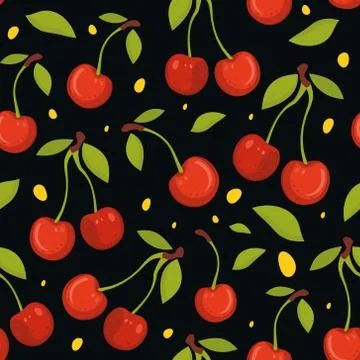 Seamless pattern with cherries on black backgroun Stock Illustration