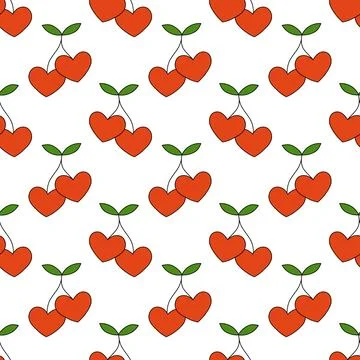 Seamless pattern with cherries in form hearts and leaves. Valentine day Stock Illustration