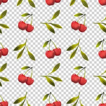 Seamless pattern with cherries, green leaves, hand drawn watercolor illustration Stock Illustration