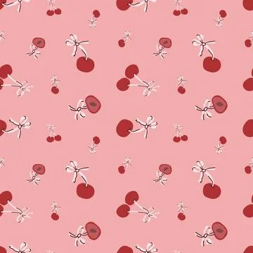 Seamless pattern of cherries on pink background with stylized design Stock Illustration