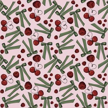 Seamless pattern with cherries, raspberries, green bows, and hearts on a pink Illustrazione stock