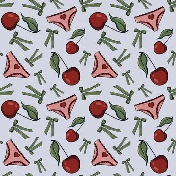 Seamless pattern cherries, raspberries green bows pink panties hearts background Illustrazione stock
