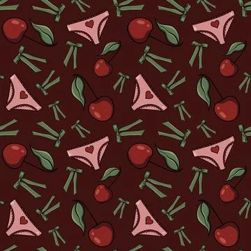 Seamless pattern cherries, raspberries, green bows, pink panties, hearts red bg Illustrazione stock