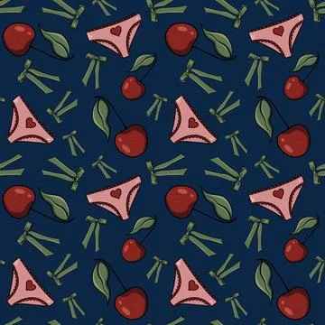 Seamless pattern cherries, raspberries green bows pink panties hearts background Stock Illustration