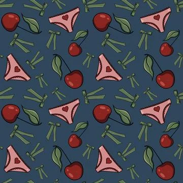 Seamless pattern cherries, raspberries green bows pink panties hearts background Stock Illustration