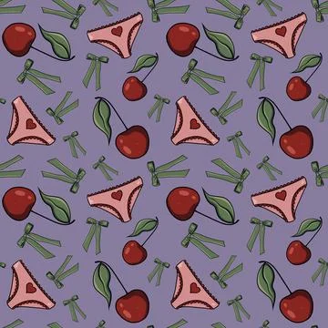 Seamless pattern cherries, raspberries green bows pink panties hearts background Stock Illustration