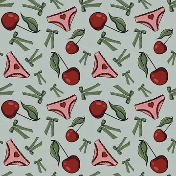 Seamless pattern cherries, raspberries green bows pink panties hearts background Illustrazione stock