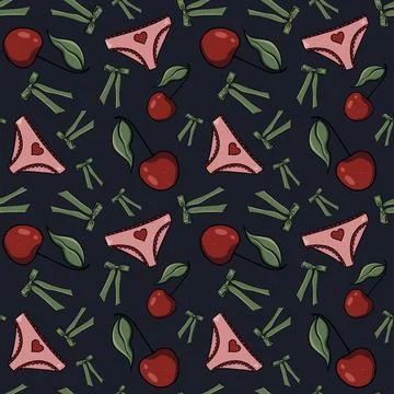 Seamless pattern cherries, raspberries green bows pink panties hearts background Stock Illustration