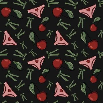 Seamless pattern cherries, raspberries green bows pink panties hearts background Stock Illustration