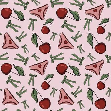 Seamless pattern cherries, raspberries green bows pink panties hearts background Illustrazione stock