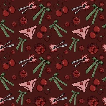 Seamless pattern cherries, raspberries green bows pink panties hearts background Stock Illustration