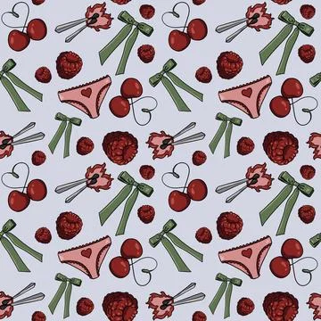 Seamless pattern cherries, raspberries green bows pink panties hearts background Stock Illustration