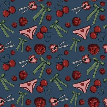 Seamless pattern cherries, raspberries green bows pink panties hearts background Illustrazione stock