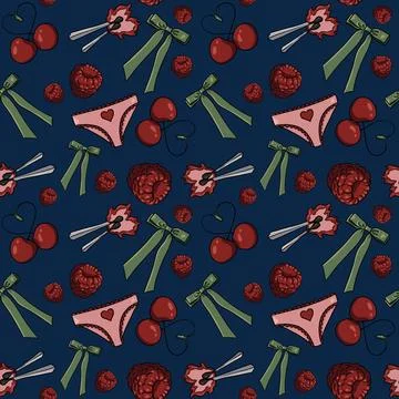 Seamless pattern cherries, raspberries green bows pink panties hearts background Illustrazione stock