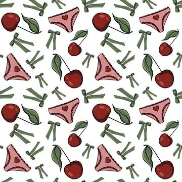 Seamless pattern cherries, raspberries green bows pink panties hearts background Stock Illustration