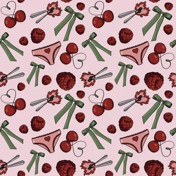 Seamless pattern cherries, raspberries green bows pink panties hearts background Stock Illustration