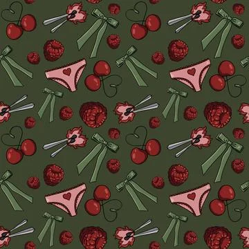 Seamless pattern cherries, raspberries green bows pink panties hearts background Stock Illustration