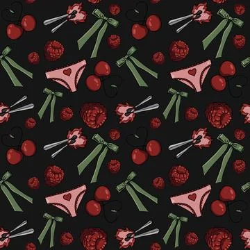 Seamless pattern cherries, raspberries green bows pink panties hearts background Stock Illustration