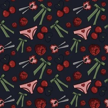 Seamless pattern cherries, raspberries green bows pink panties hearts background Illustrazione stock