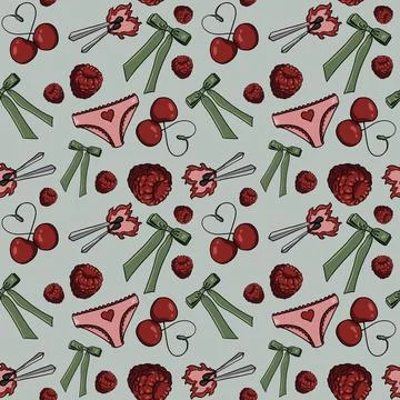 Seamless pattern cherries, raspberries green bows pink panties hearts background Illustrazione stock