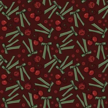 Seamless pattern with cherries, raspberries, green bows, and hearts red bg Stock Illustration