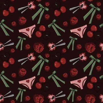 Seamless pattern cherries, raspberries green bows pink panties hearts background Stock Illustration