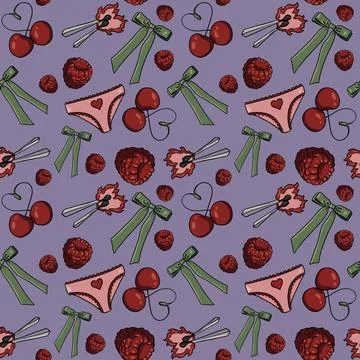 Seamless pattern cherries, raspberries green bows pink panties hearts background Stock Illustration